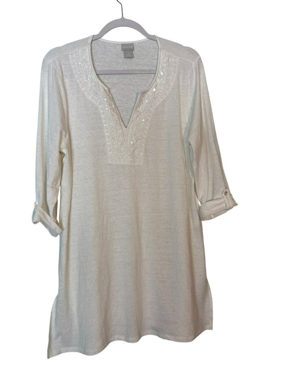 Chicos Embroidered Sequined Linen Blend Roll-Tab Sleeves Tunic Top Size M